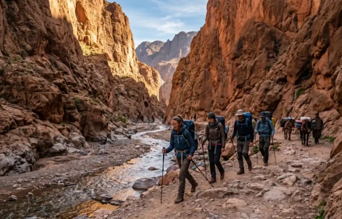 Trekking group hiking through a High Atlas canyon in the M Goun massif during an 11 day expedition in Morocco