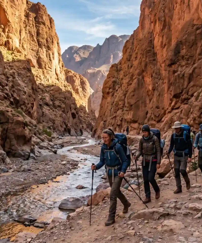 Trekking group hiking through a High Atlas canyon in the M Goun massif during an 11 day expedition in Morocco