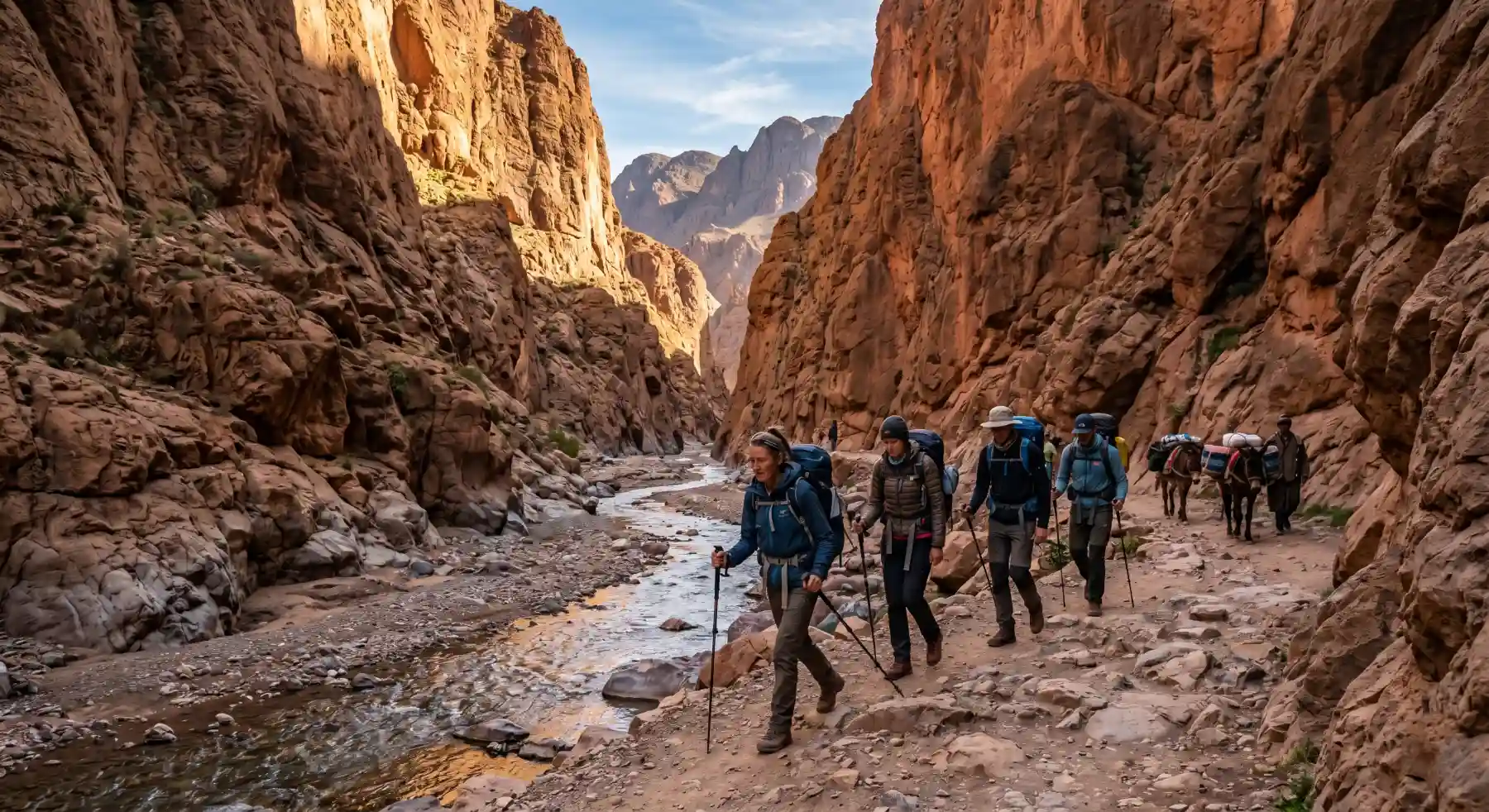 11 day mgoun atlas trekking expedition morocco Trekking group hiking through a High Atlas canyon in the M Goun massif during an 11 day expedition in Morocco