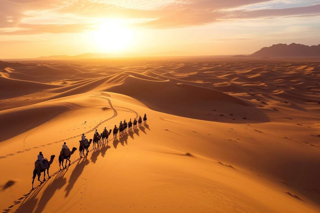Camel trekking at sunset on Erg Chebbi dunes during a Morocco trek and desert combo tour — Atlas to Sahara