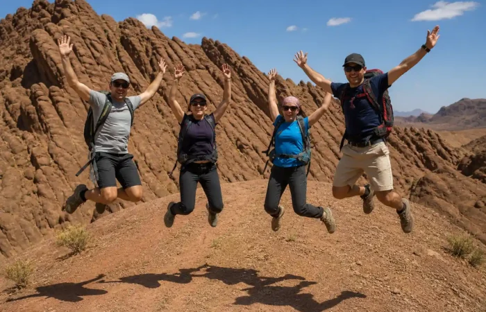 Group of trekkers hiking in Dades Valley and M Goun massif during a 9 day Atlas expedition in Morocco
