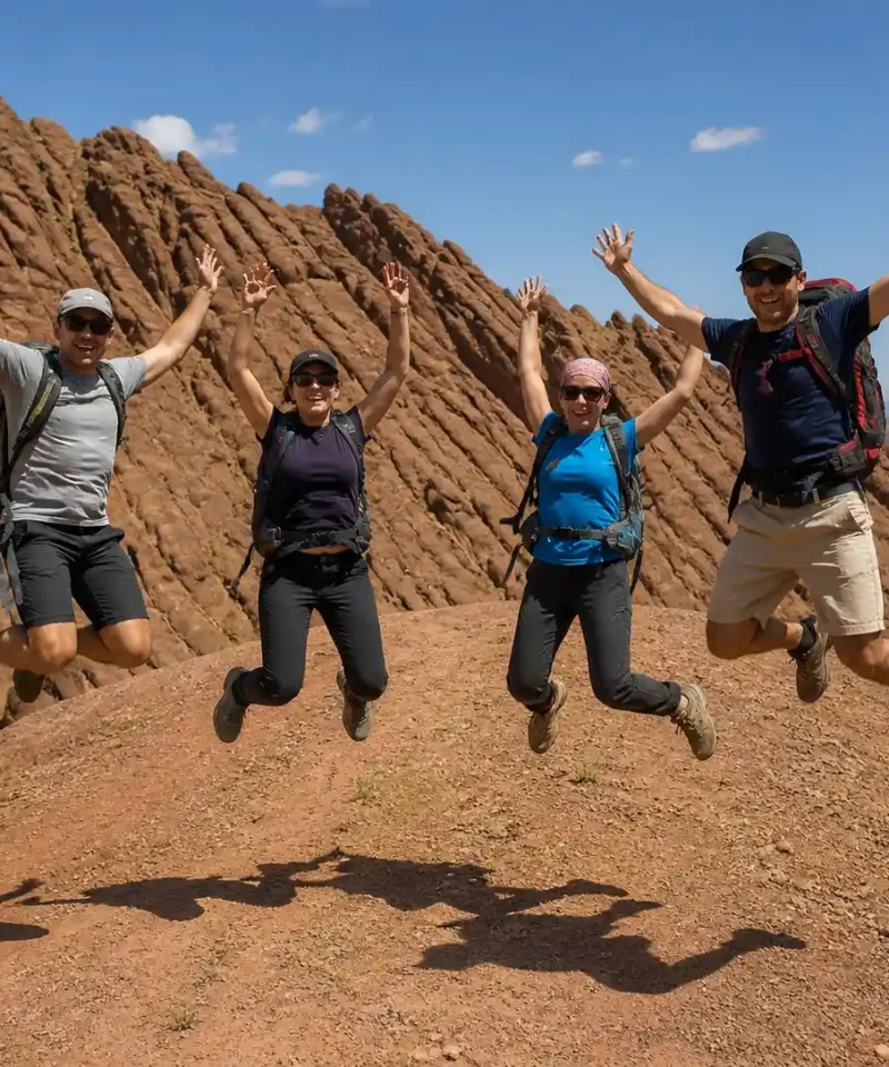 Group of trekkers hiking in Dades Valley and M Goun massif during a 9 day Atlas expedition in Morocco