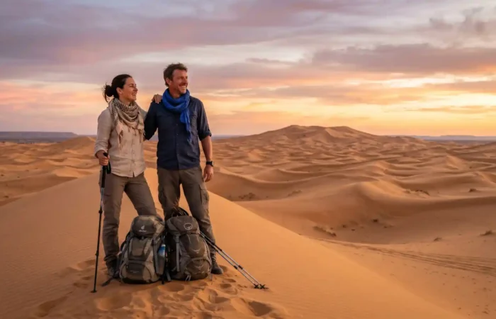 Couple standing on Sahara dunes at sunset during a Dades Valley and Merzouga 4 day tour from Marrakech