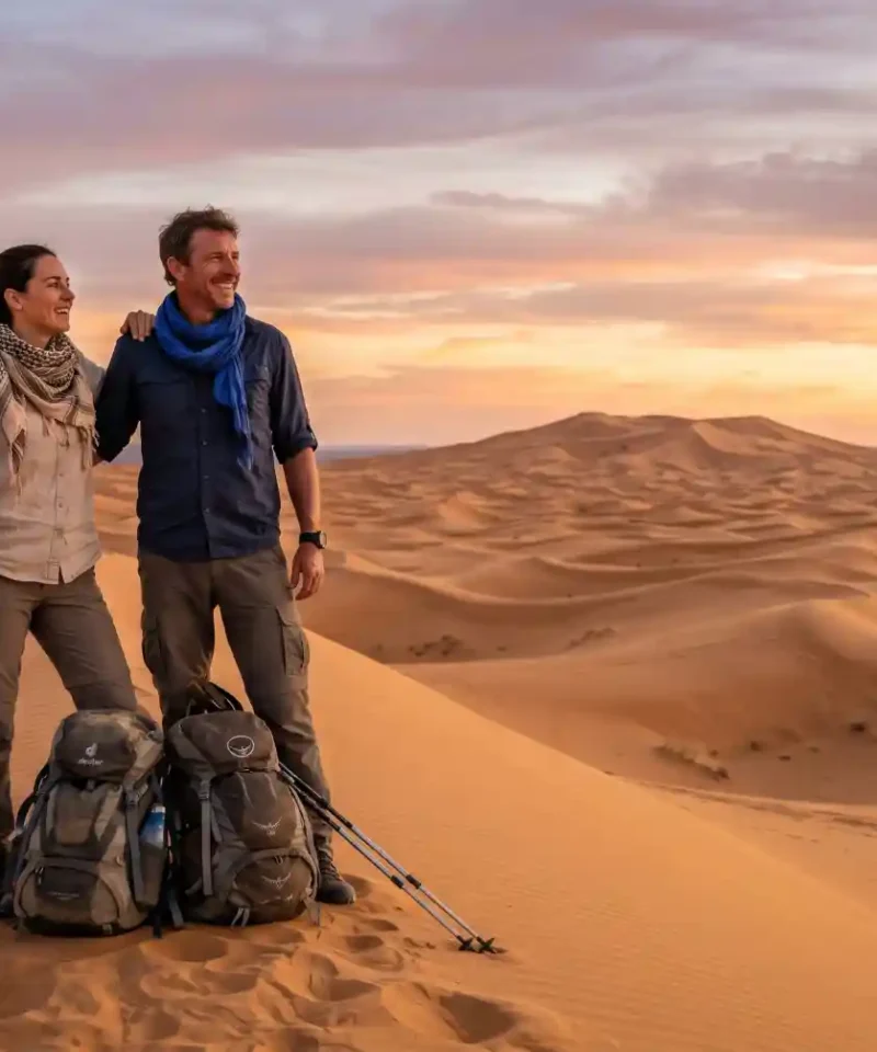 Couple standing on Sahara dunes at sunset during a Dades Valley and Merzouga 4 day tour from Marrakech