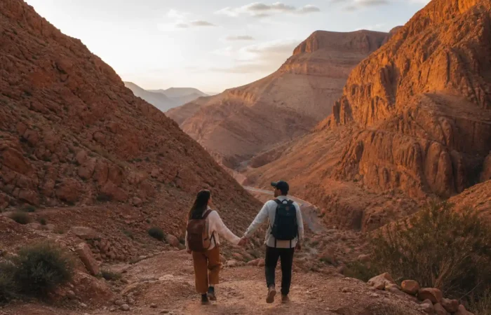 Couple walking at sunset in Serdrar Desert Morocco during a 3 day Dades Valley tour from Marrakech