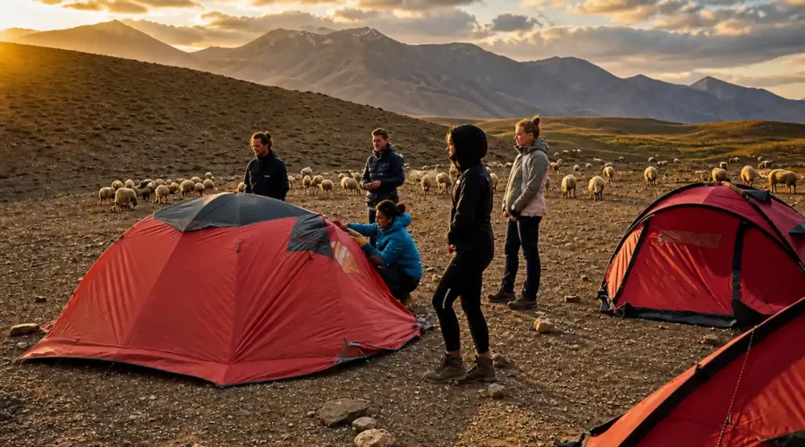 mgoun valley 7 day trekking expedition morocco Group of hikers trekking in M Goun Valley High Atlas Mountains during a 7 day expedition in Morocco