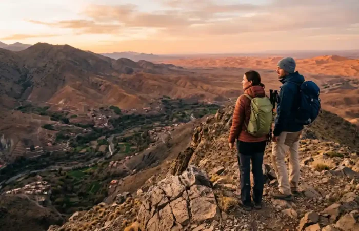 Couple overlooking the High Atlas Mountains and Sahara landscape during a multi day Morocco adventure tour