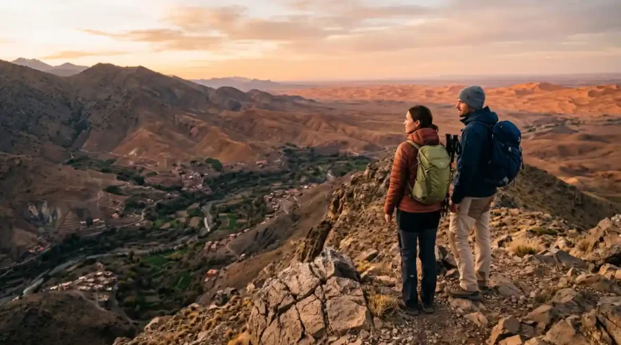 Couple overlooking the High Atlas Mountains and Sahara landscape during a multi day Morocco adventure tour