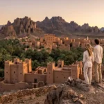 Couple overlooking Nkob village and palm groves at sunset during a Morocco desert and Atlas tour
