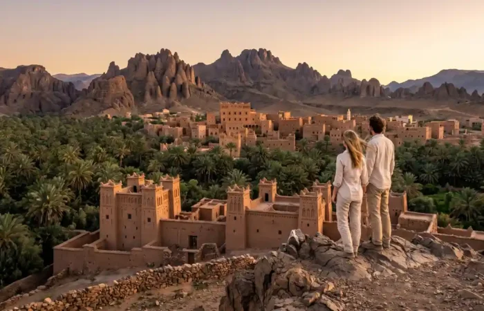 Couple overlooking Nkob village and palm groves at sunset during a Morocco desert and Atlas tour