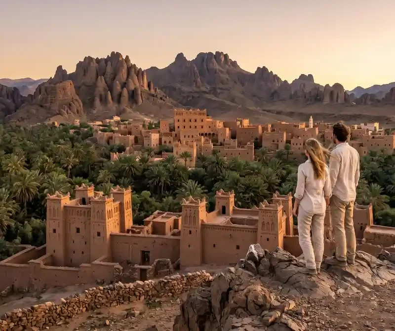 Couple overlooking Nkob village and palm groves at sunset during a Morocco desert and Atlas tour
