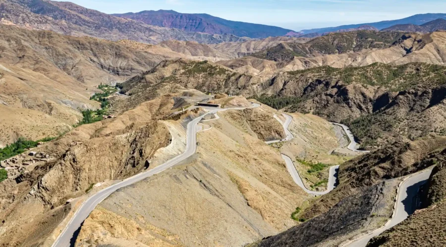 Scenic road crossing Tizi n Tichka Pass in the High Atlas Mountains