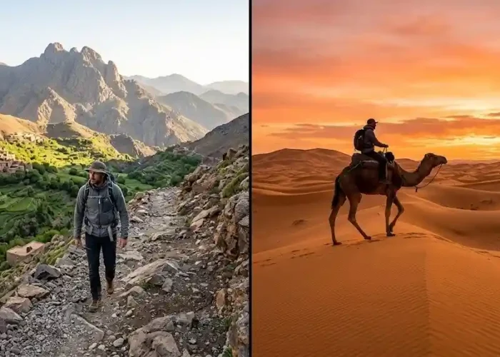 Morocco trek and desert combo — hiking the High Atlas mountains and camel trekking in Erg Chebbi Sahara dunes in one trip