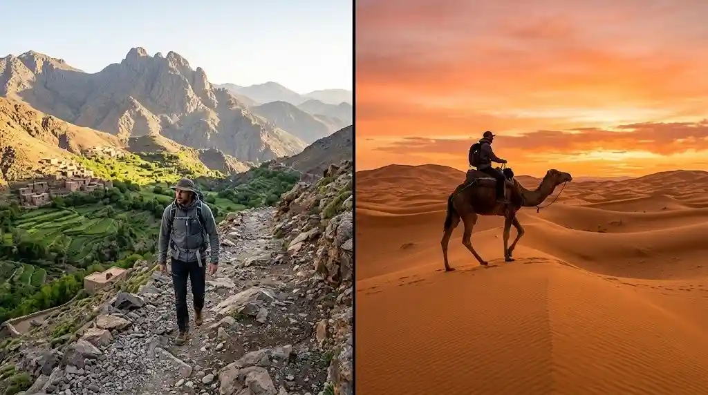 Morocco trek and desert combo — hiking the High Atlas mountains and camel trekking in Erg Chebbi Sahara dunes in one trip